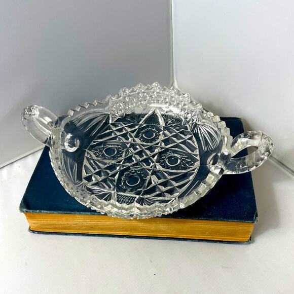 Vintage lear Glass Two Handled 8" Nappy / Candy Dish w/ Sawtooth‎ Rim - Picture 1 of 6